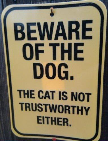 Sign: Beware of the dog. The cat is not trustworthy either.