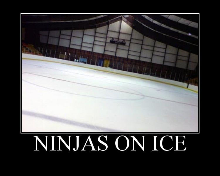 Photo of an empty ice rink, captioned: NINJAS ON ICE