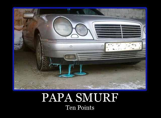 Car with blue goo dripping off front bumper. Caption: Papa Smurf, ten points.