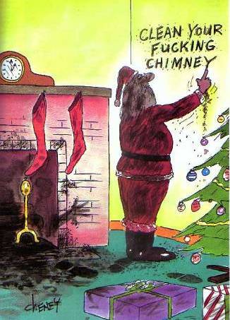 Santa writing on the wall in soot - Clean Your Fucking Chimney